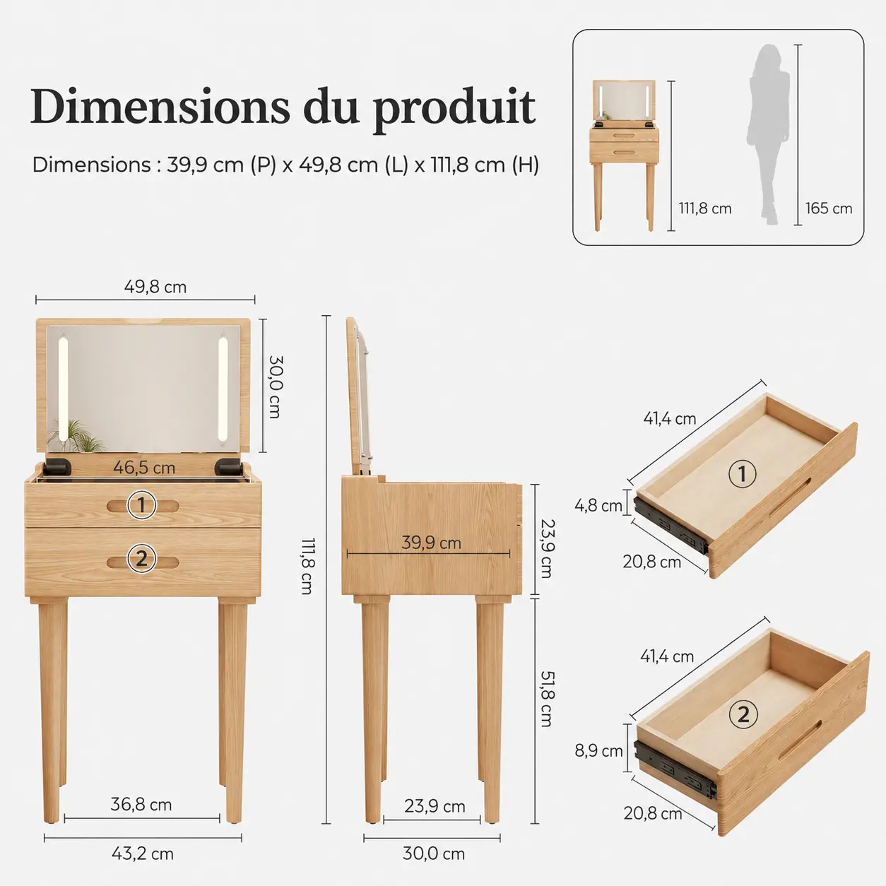 Coiffeuse fine MILWOOD avec miroir LED — vue 5